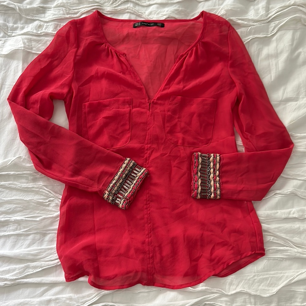 Zara sheer red embellished long sleeve top